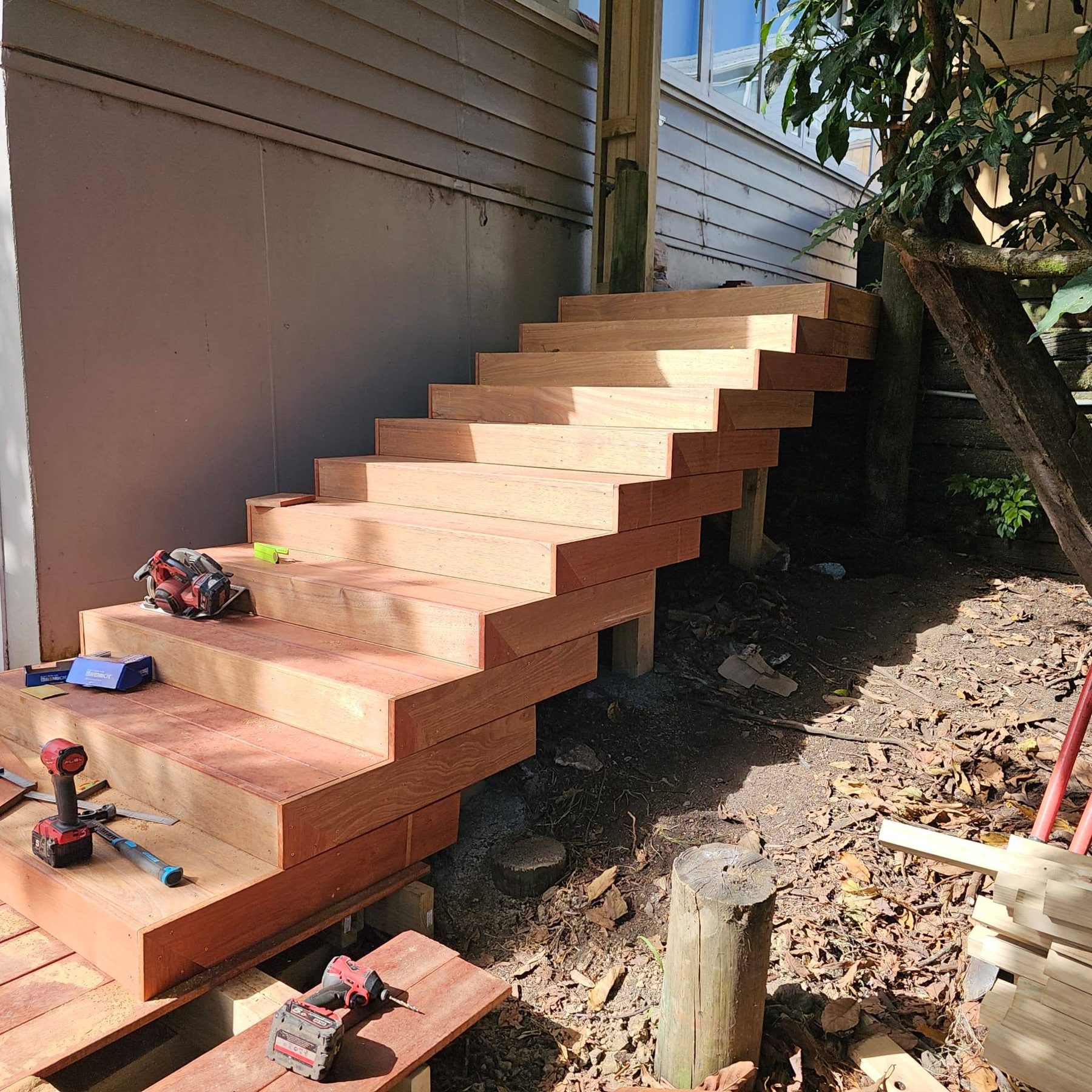 New stair stringers set out on the slope