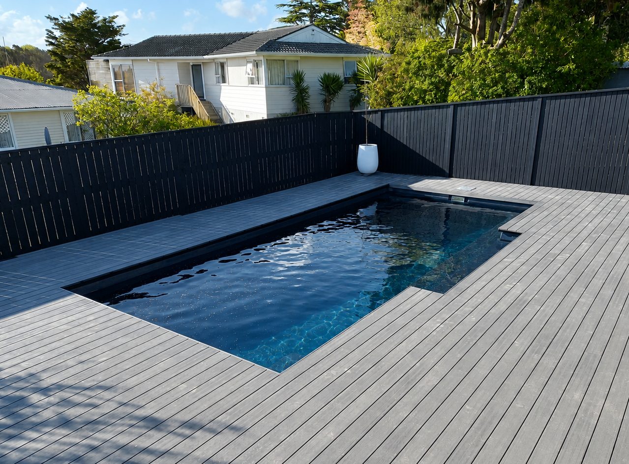 Finished composite pool deck running level with the pool coping