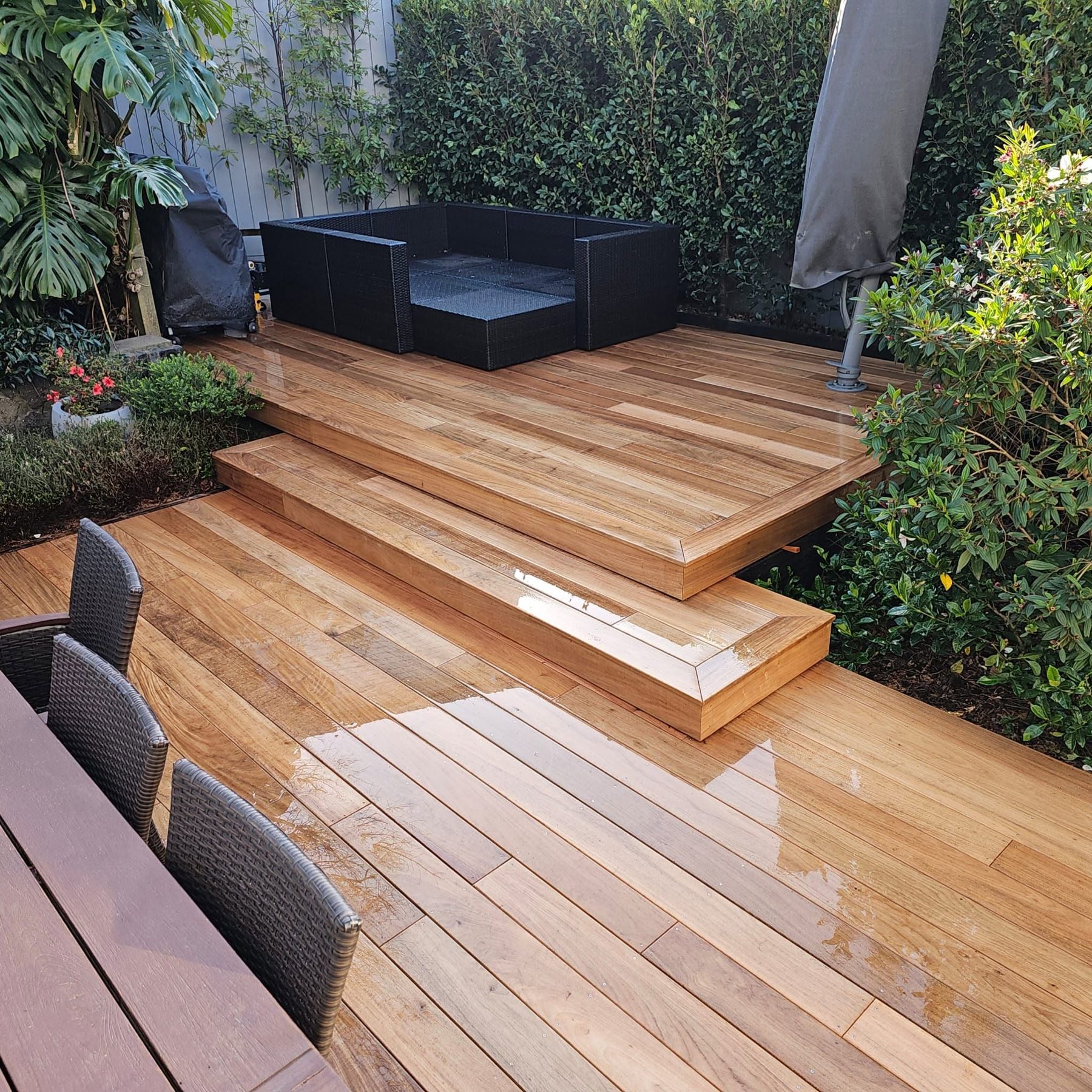 Timber deck with steps and outdoor furniture