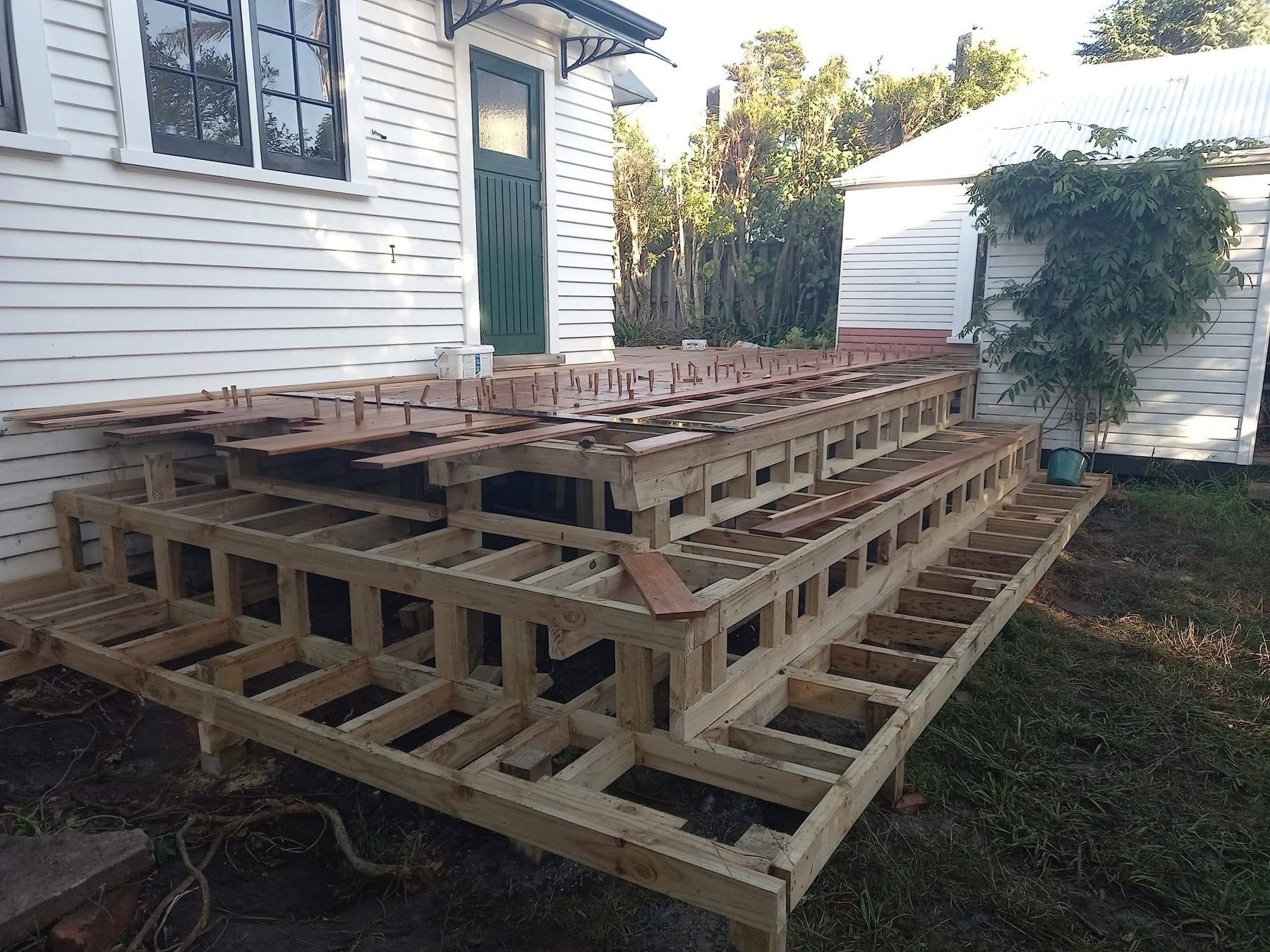 Stair stringers and framing built up for the wide steps