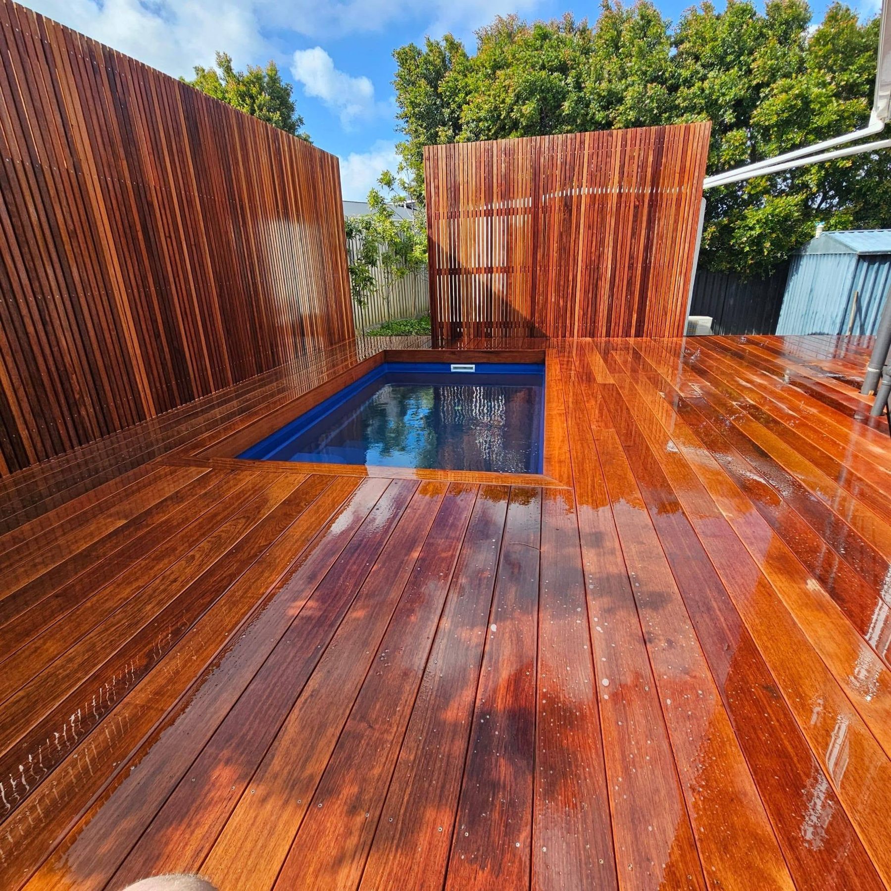 Finished kwila deck surrounding a plunge pool with a timber privacy screen behind