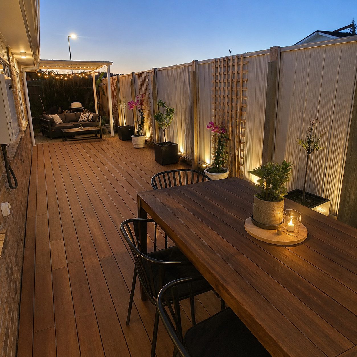 Timber entertaining deck at dusk with dining table, planters and privacy screens